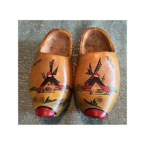 VTG Dutch Holland Wood Clogs Hand Carved And Painted-Set Of 2